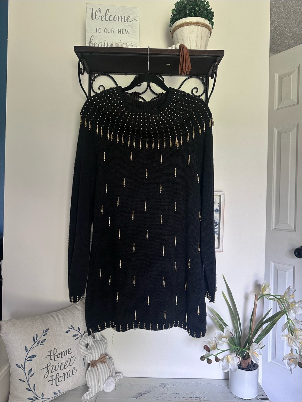 🎯 Vintage Black Sweater with Gold Embellishments